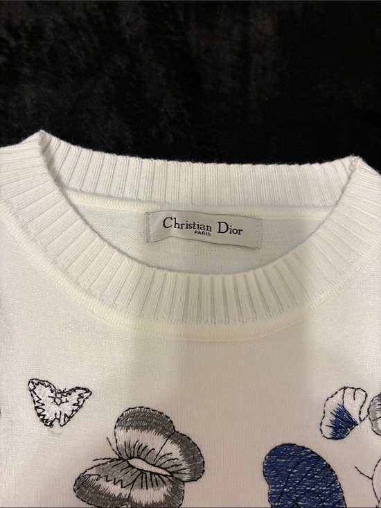 Christian Dior Paris Sweaters - Dior White Crewneck Sweater with Blue & Gray Floral Stitching